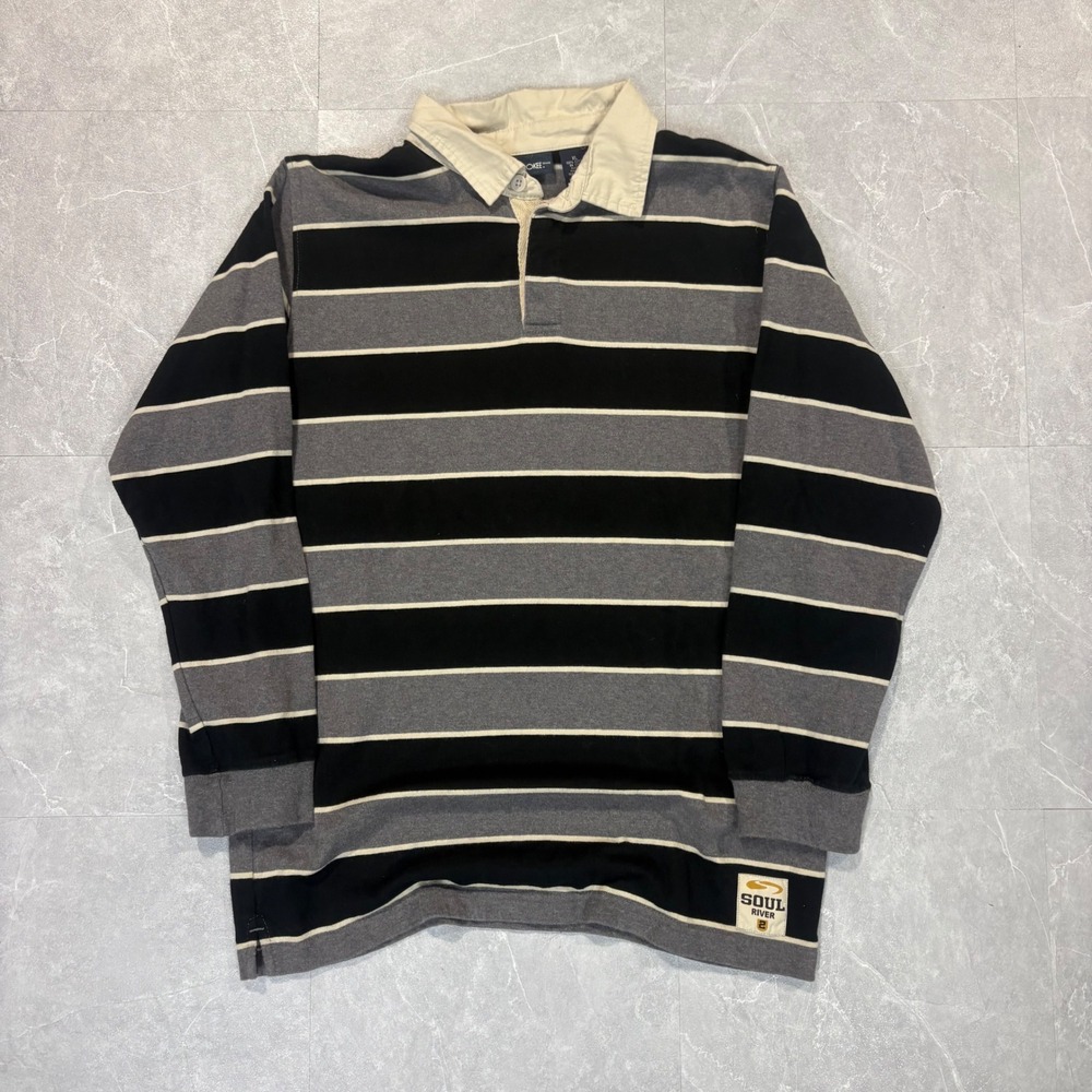 Cherokee Soul River Mens XL Black Grey Striped Long Sleeve Rugby Shirt Cotton